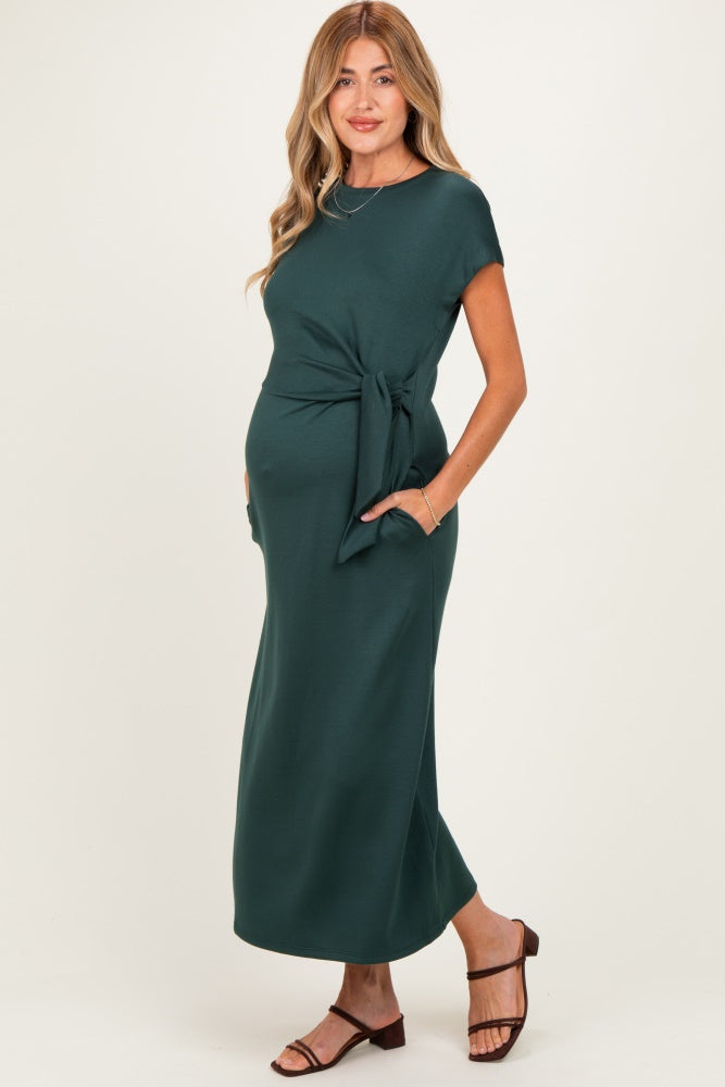 Forest Green Side Tie Short Sleeve Maternity Midi Dress