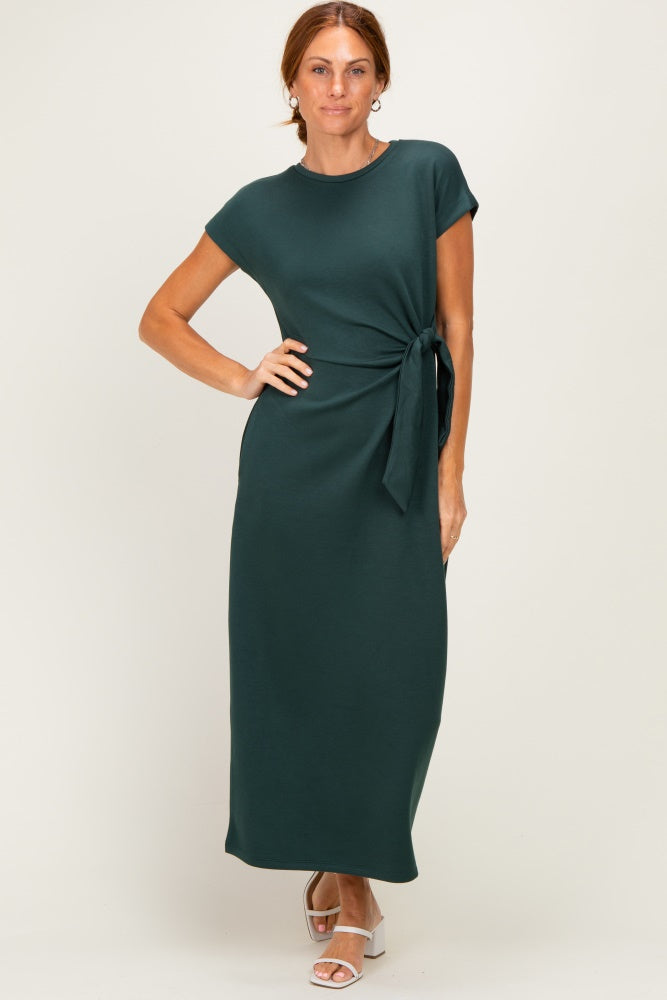 Forest Green Side Tie Short Sleeve Maternity Midi Dress