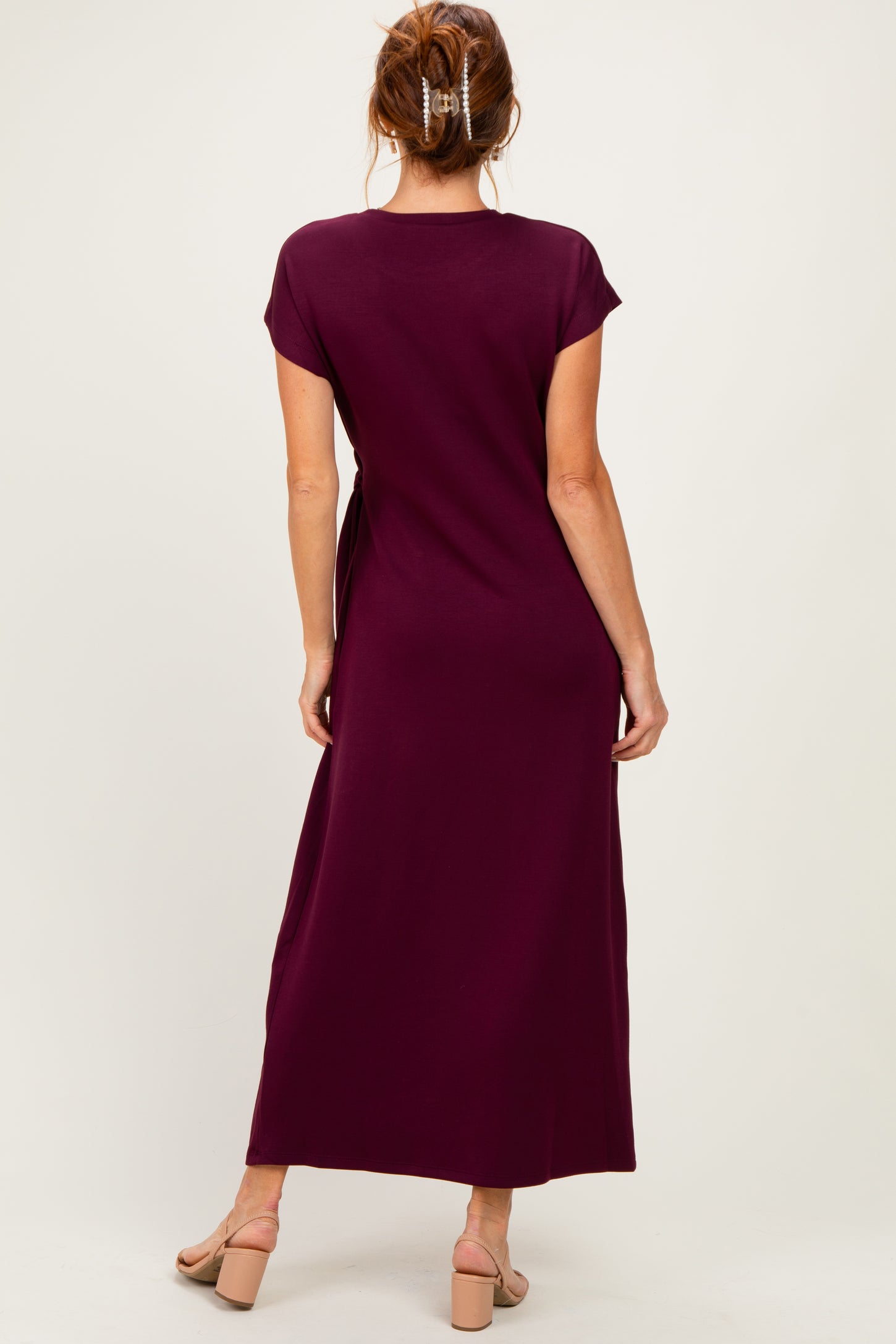 Wine Side Tie Short Sleeve Midi Dress