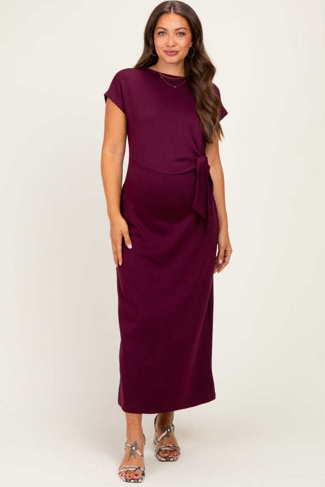 Wine Side Tie Short Sleeve Maternity Midi Dress