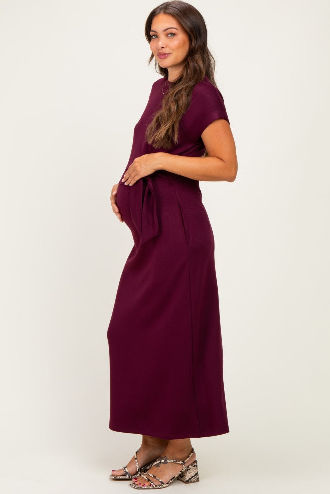 Wine Side Tie Short Sleeve Maternity Midi Dress
