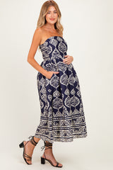 Navy Damask Strapless Maternity Midi Dress
