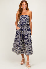 Navy Damask Strapless Maternity Midi Dress