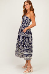 Navy Damask Strapless Midi Dress