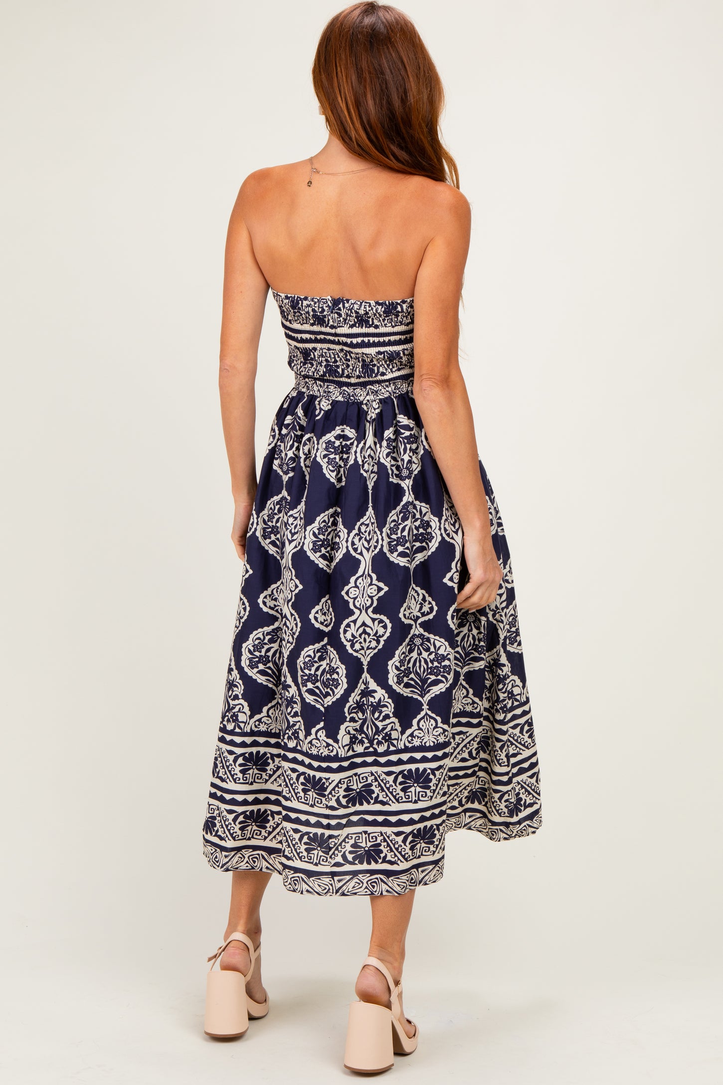 Navy Damask Strapless Midi Dress