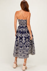 Navy Damask Strapless Midi Dress