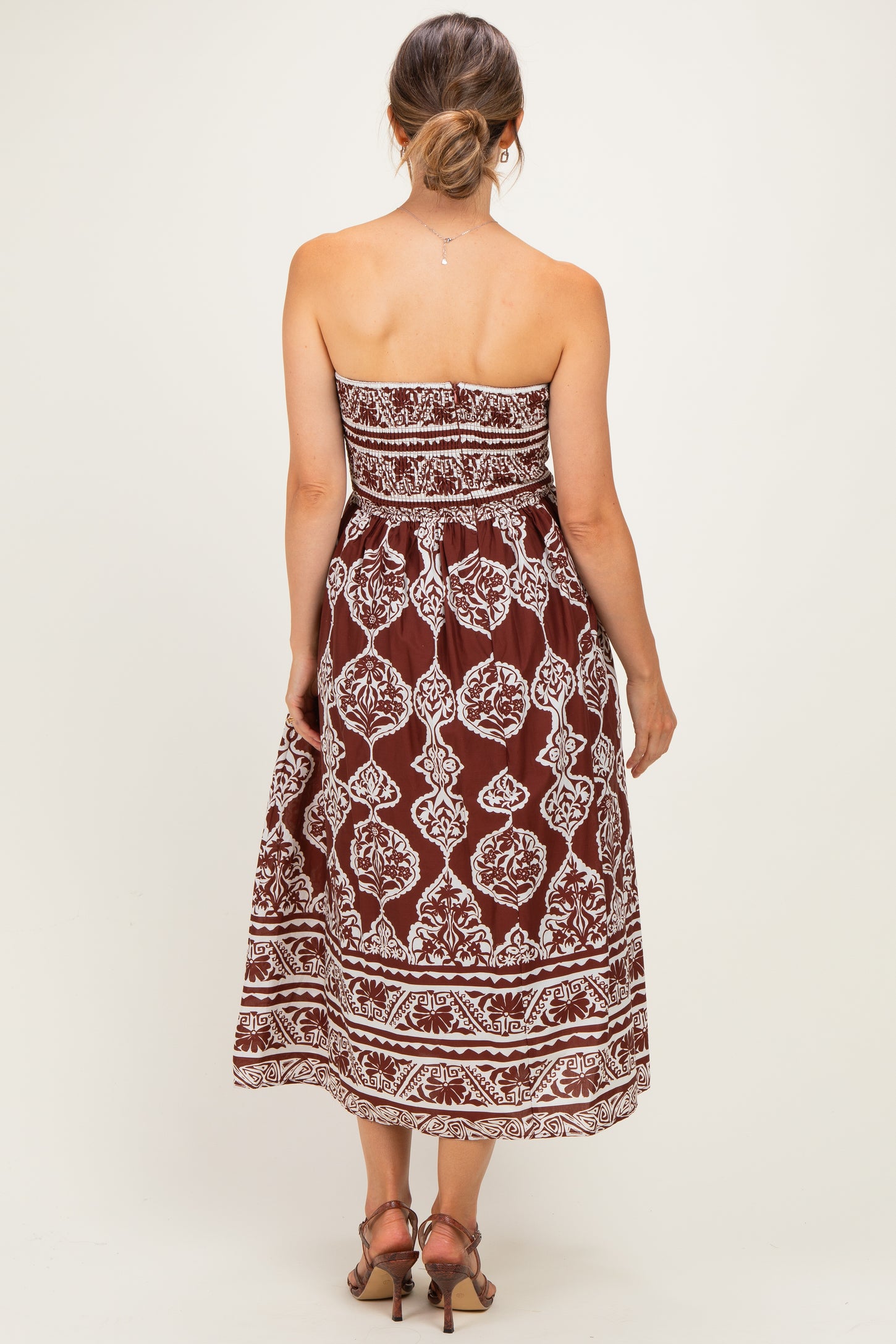Chocolate Damask Strapless Maternity Midi Dress