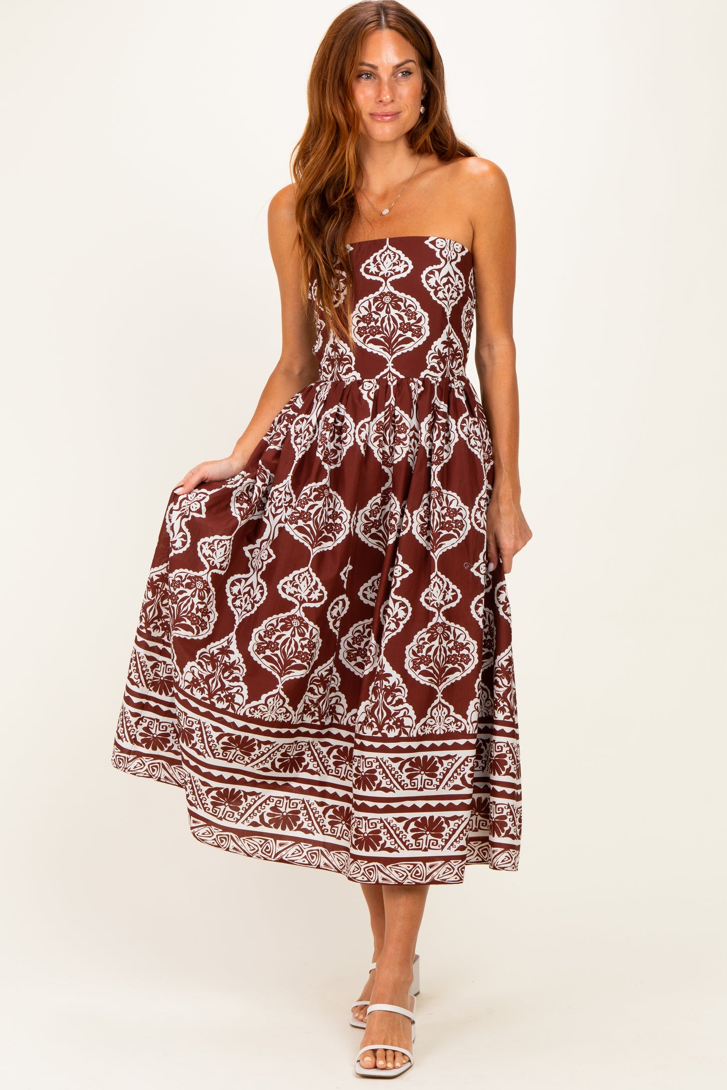 Chocolate Damask Strapless Midi Dress