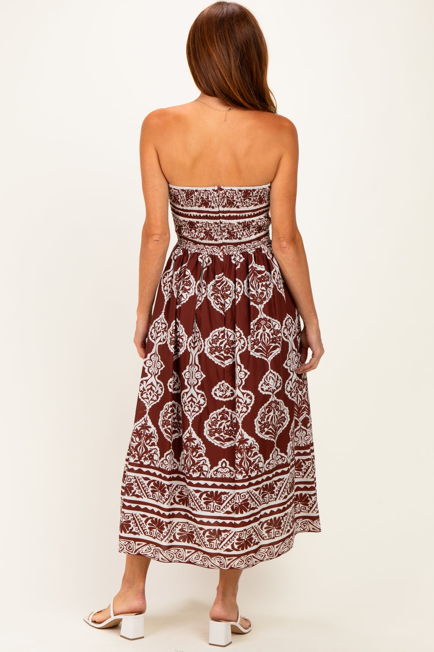 Chocolate Damask Strapless Midi Dress