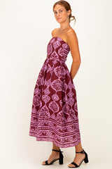 Burgundy Damask Strapless Midi Dress