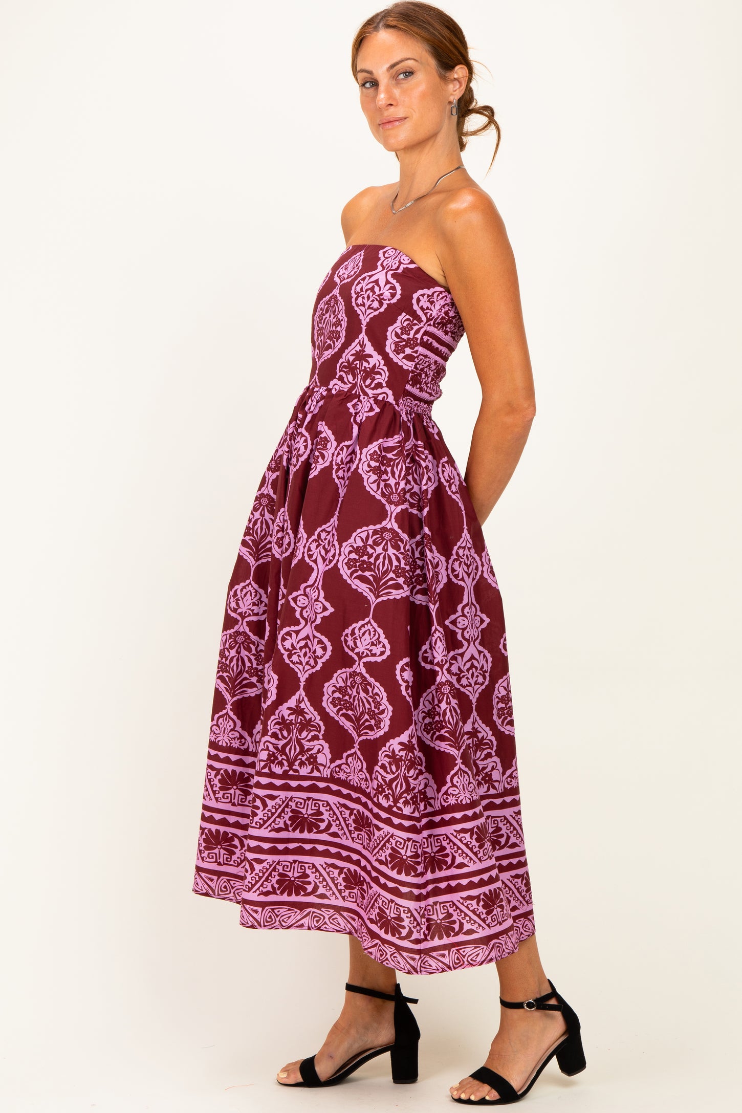 Burgundy Damask Strapless Midi Dress