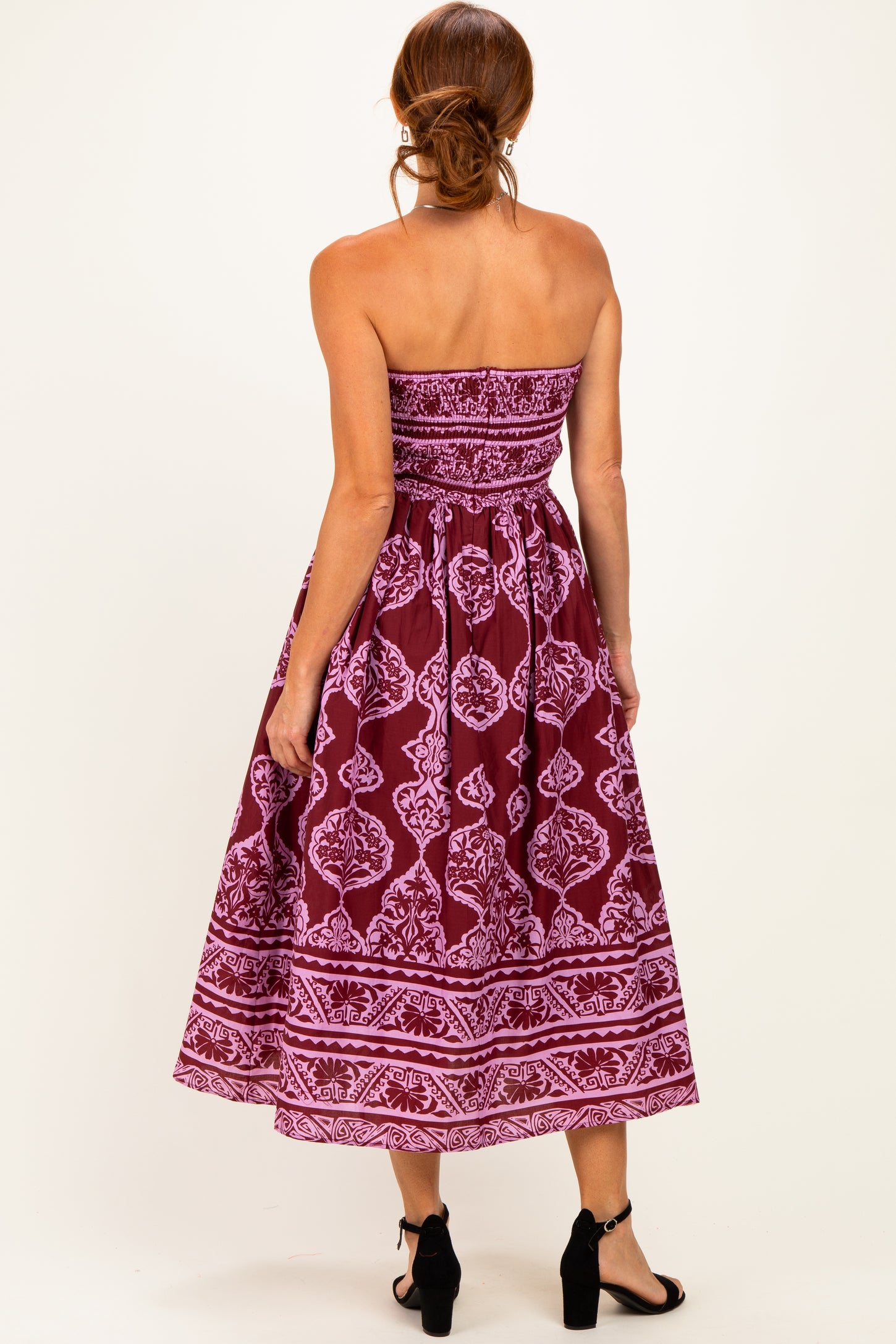 Burgundy Damask Strapless Midi Dress