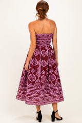 Burgundy Damask Strapless Midi Dress