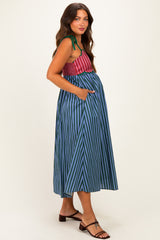 Blue Striped Colorblock Scallop Detail Maternity Midi Dress