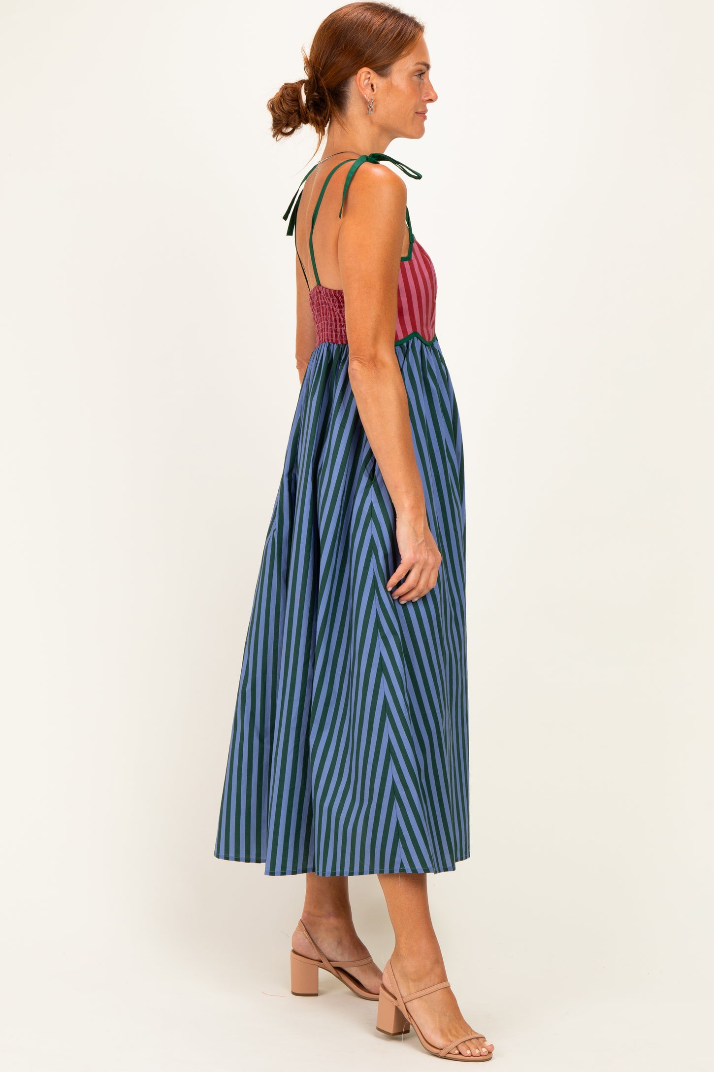 Blue Striped Colorblock Scallop Detail Midi Dress