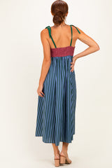 Blue Striped Colorblock Scallop Detail Midi Dress