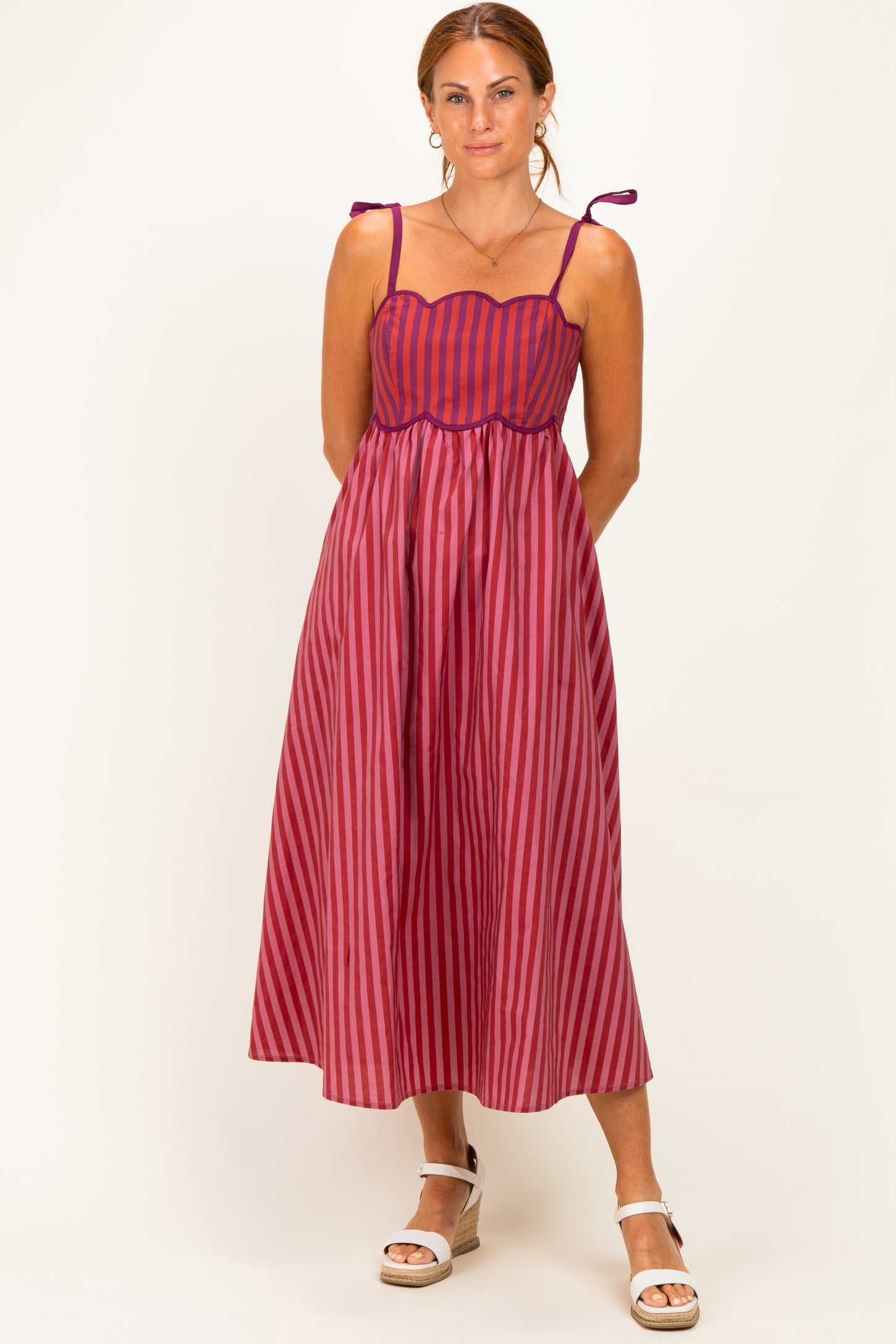 Mauve Striped Colorblock Scallop Detail Midi Dress