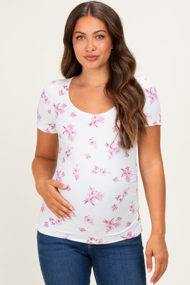 Pink Floral Ruching Short Sleeve Maternity Top