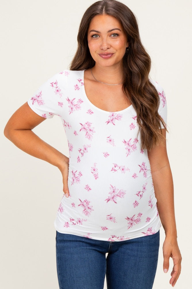 Pink Floral Ruching Short Sleeve Maternity Top