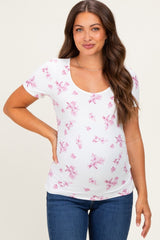 Pink Floral Ruching Short Sleeve Maternity Top