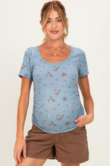 Blue Floral Ruching Short Sleeve Maternity Top