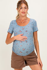Blue Floral Ruching Short Sleeve Maternity Top
