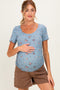 Blue Floral Ruching Short Sleeve Maternity Top