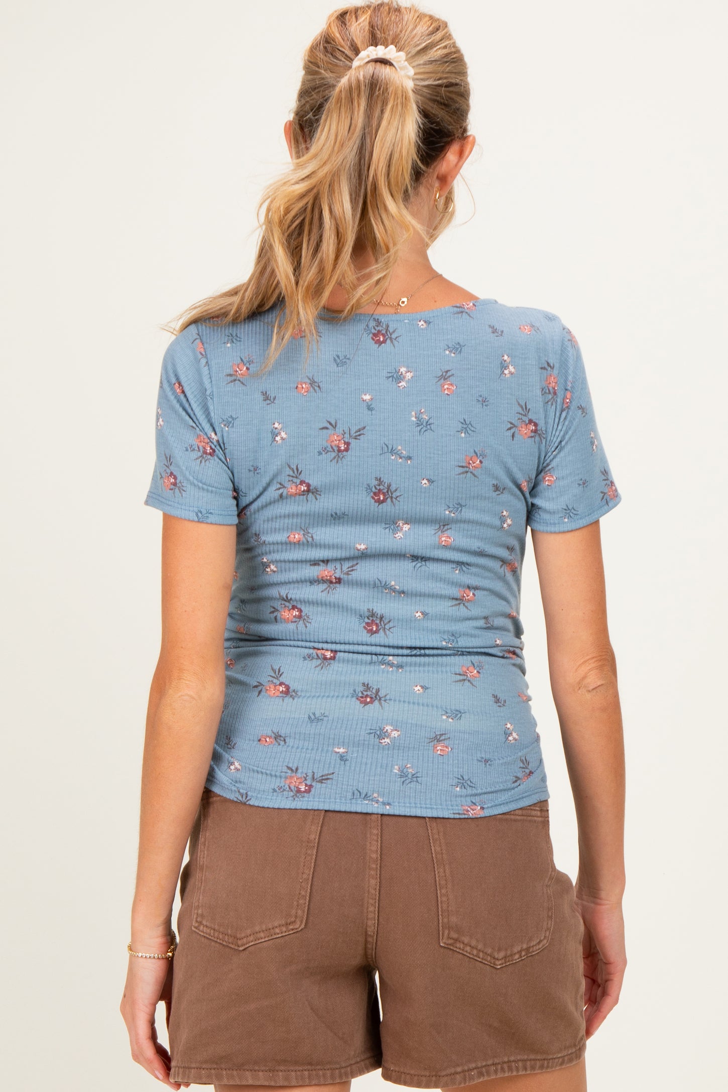 Blue Floral Ruching Short Sleeve Maternity Top