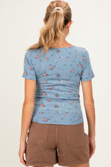 Blue Floral Ruching Short Sleeve Maternity Top