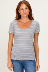 Grey Stripe Ruching Short Sleeve Top