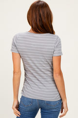 Grey Stripe Ruching Short Sleeve Top