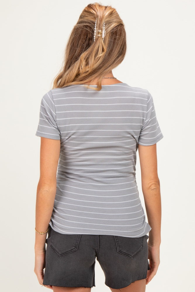 Grey Stripe Ruching Short Sleeve Maternity Top