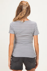 Grey Stripe Ruching Short Sleeve Maternity Top