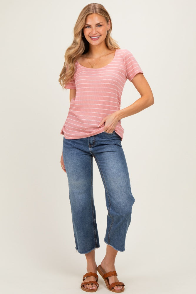 Pink Stripe Ruching Short Sleeve Top