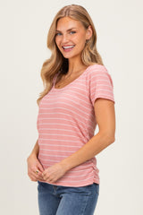 Pink Stripe Ruching Short Sleeve Top