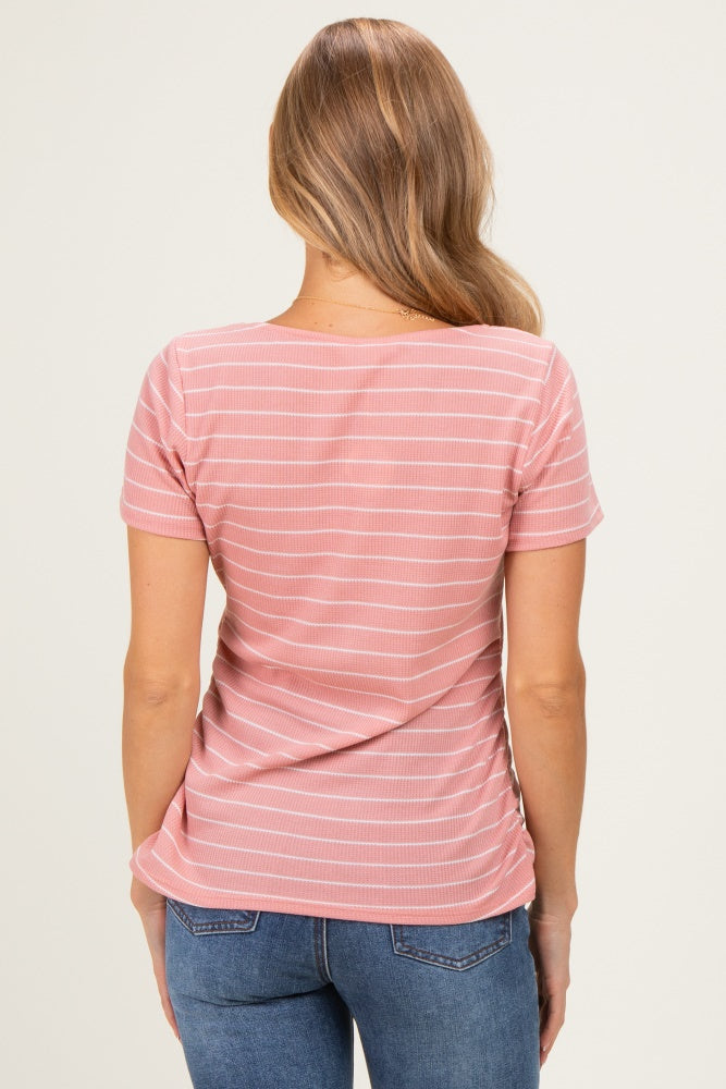 Pink Stripe Ruching Short Sleeve Top