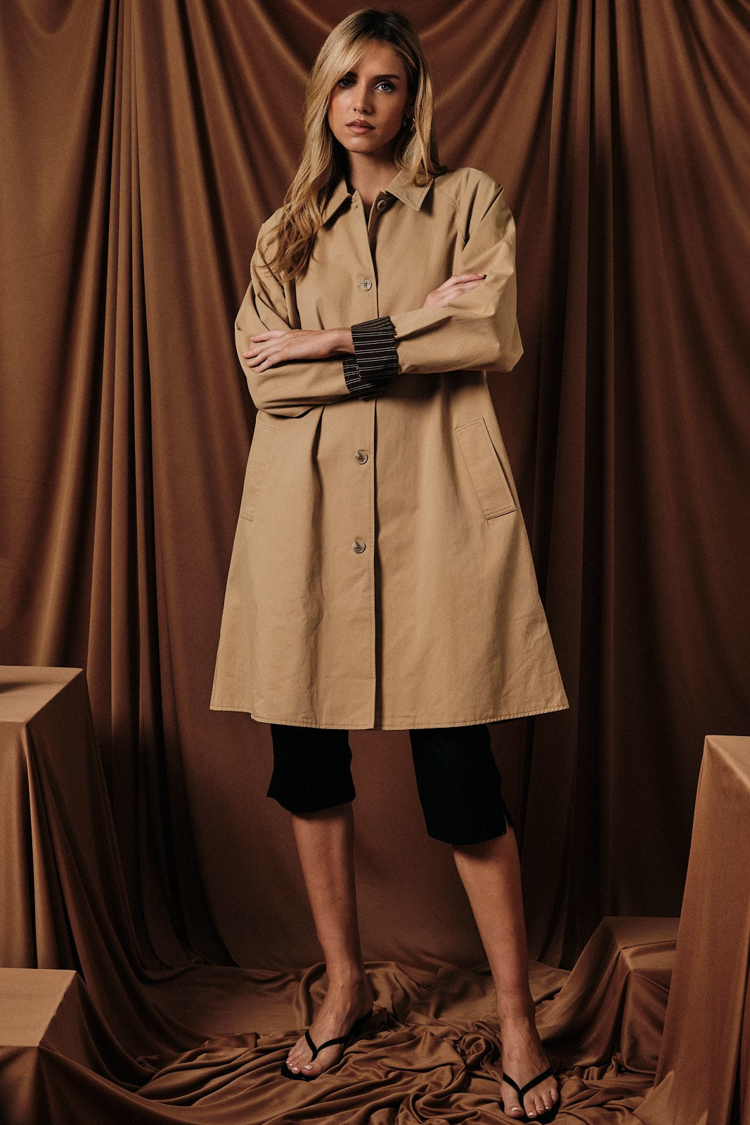Tan Relaxed Fit Midi Button Trench Coat