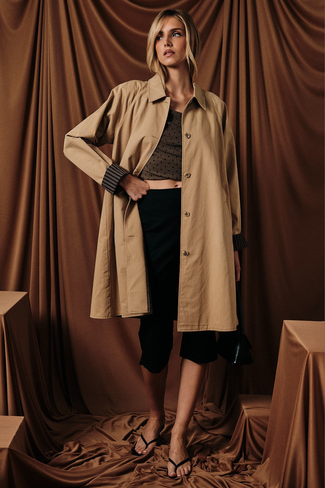 Tan Relaxed Fit Midi Button Trench Coat