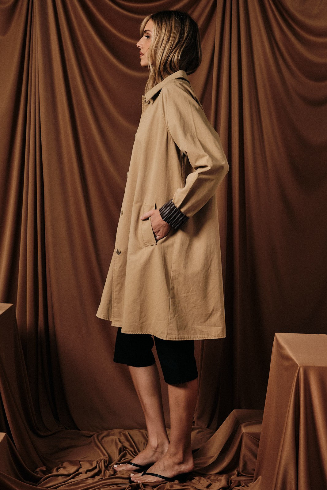 Tan Relaxed Fit Midi Button Trench Coat
