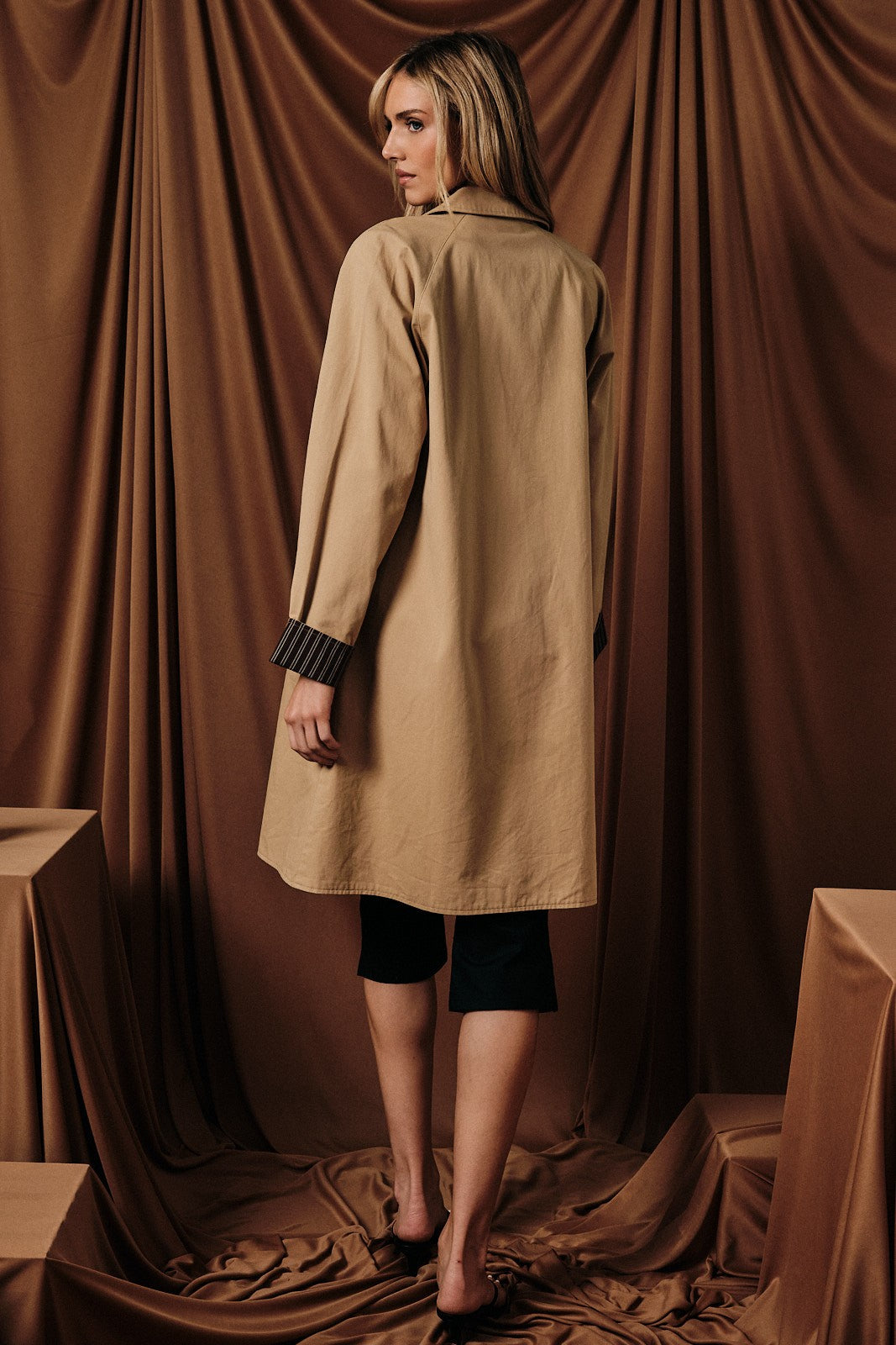 Tan Relaxed Fit Midi Button Trench Coat