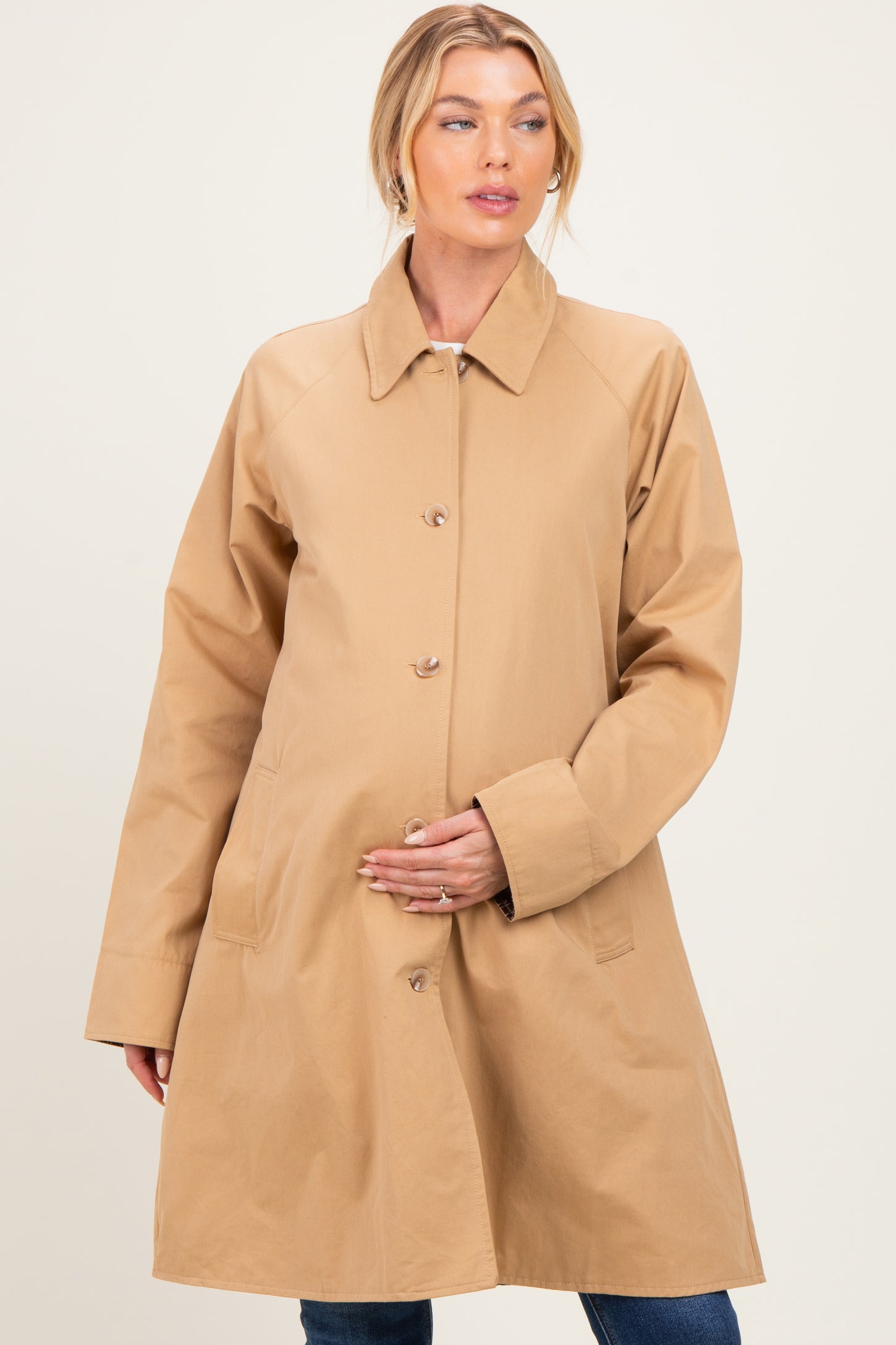 Tan Relaxed Fit Midi Button Maternity Trench Coat