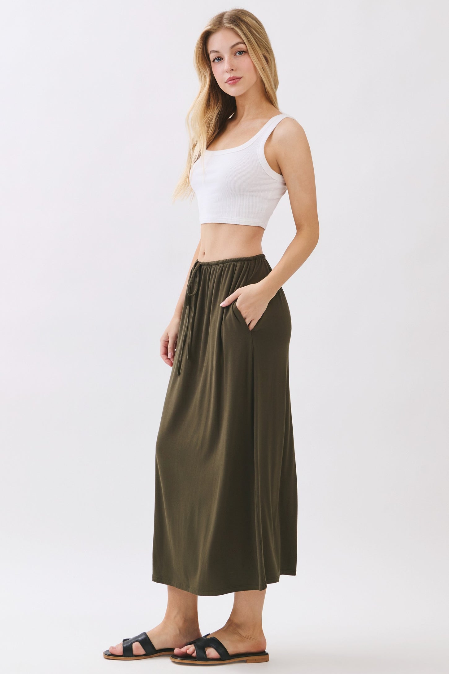 Olive Front Tie Maxi Skirt