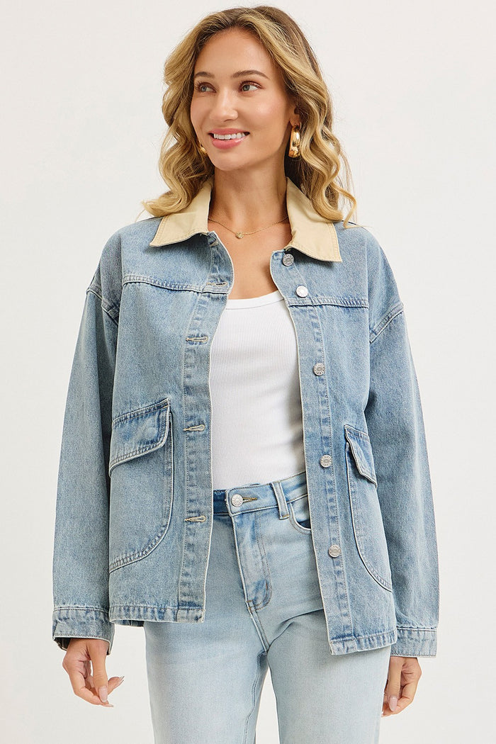 Washed Denim Button Down Oversized Maternity Jacket