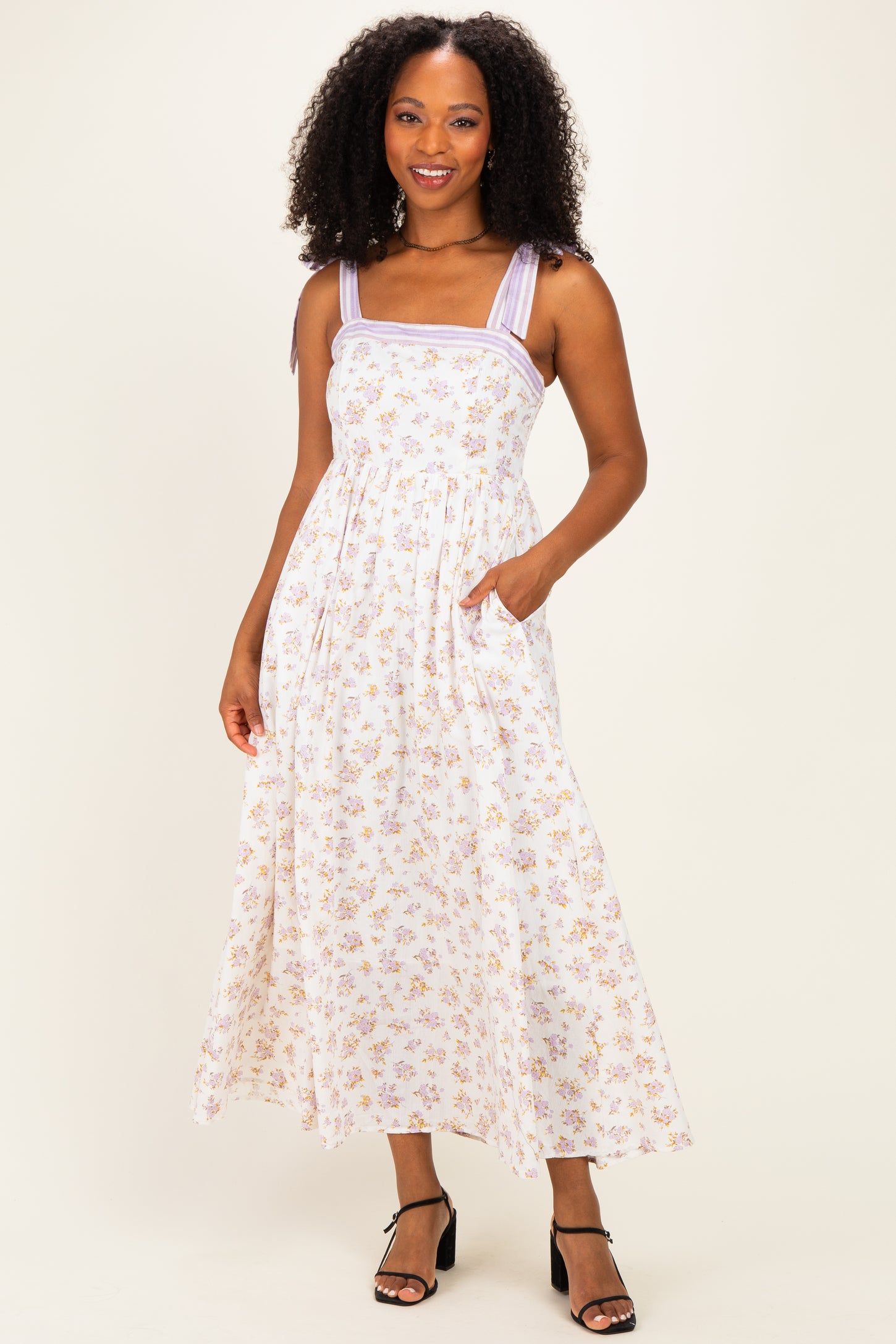 Lavender Floral Striped Shoulder Tie Maxi Dress