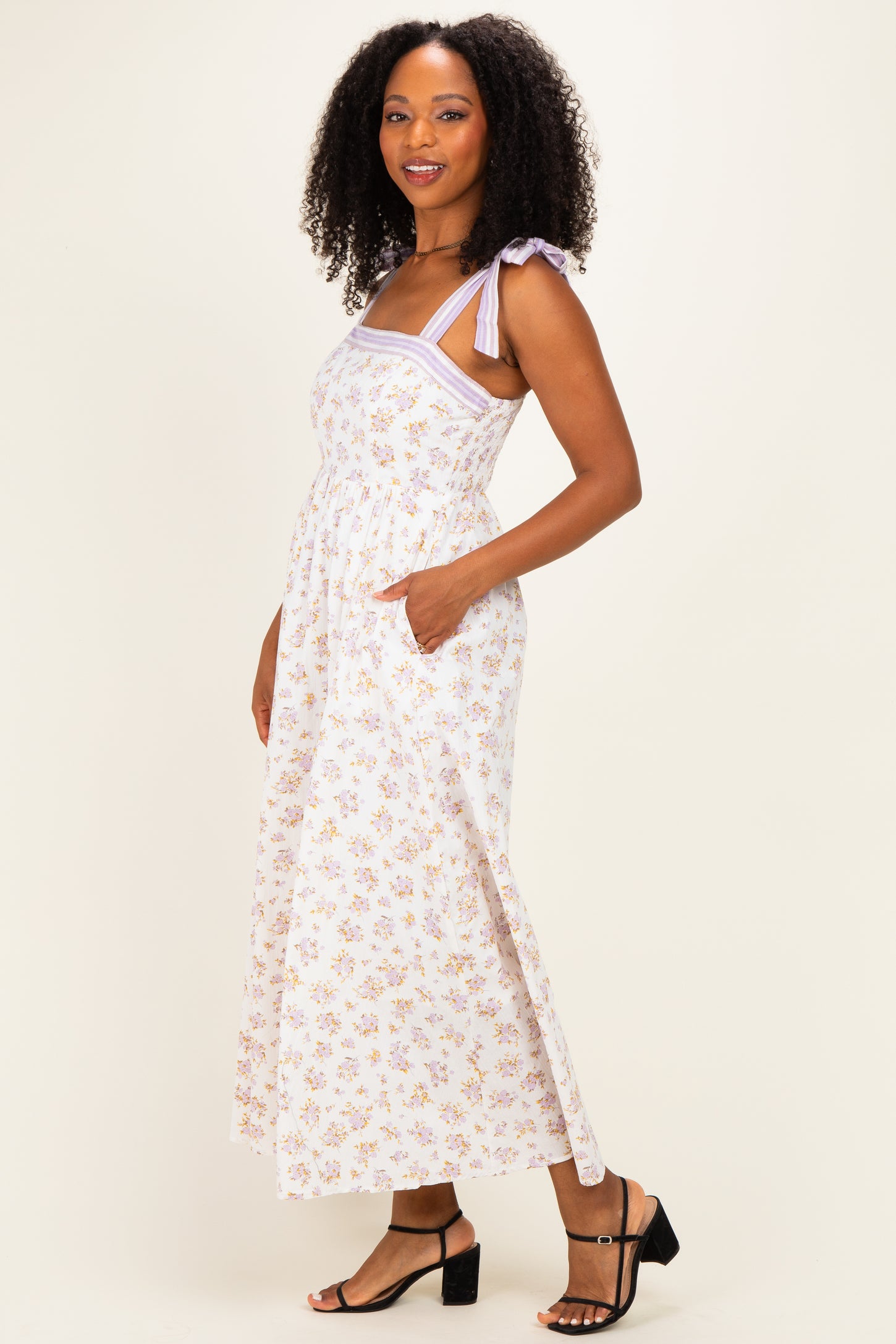 Lavender Floral Striped Shoulder Tie Maxi Dress