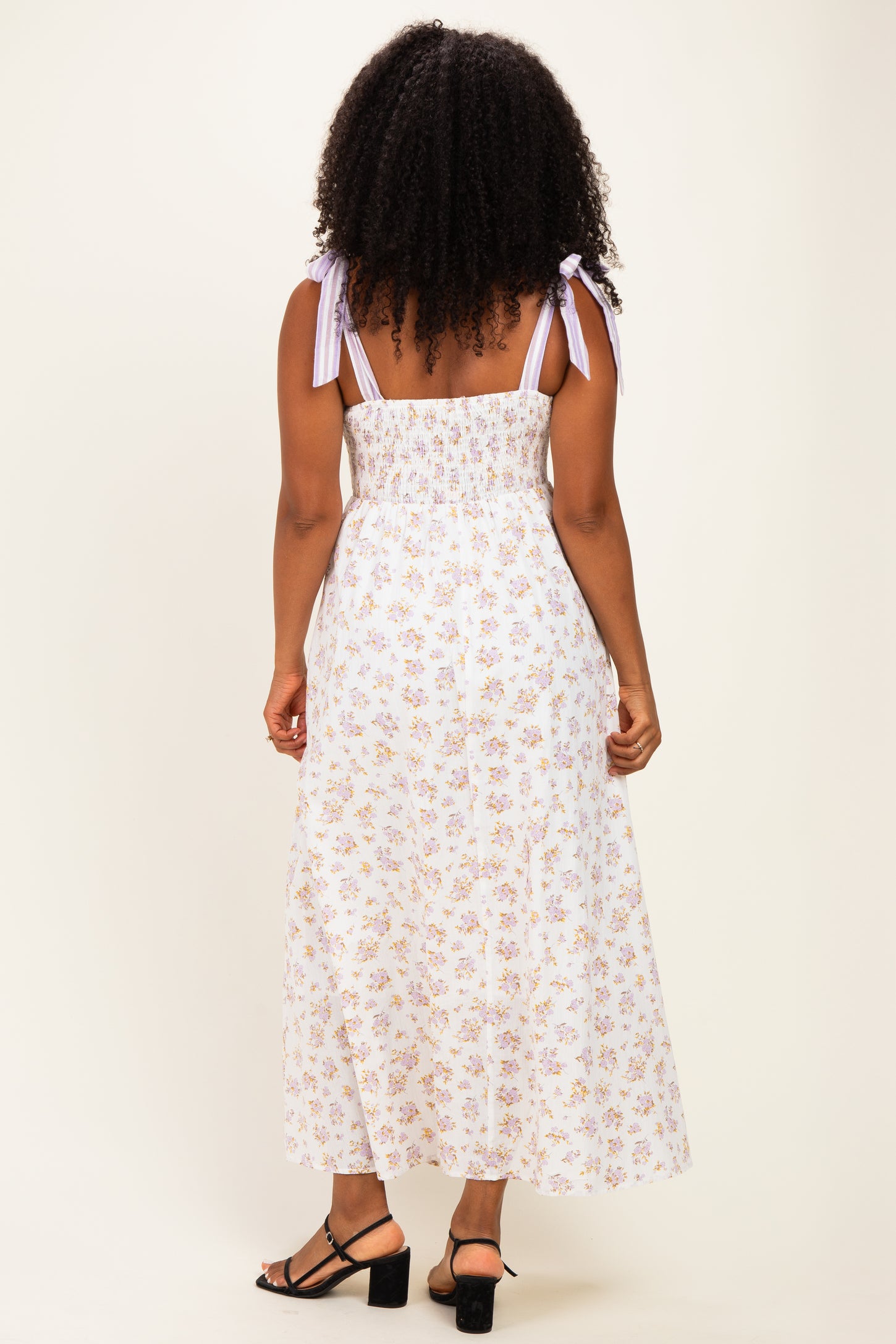 Lavender Floral Striped Shoulder Tie Maxi Dress