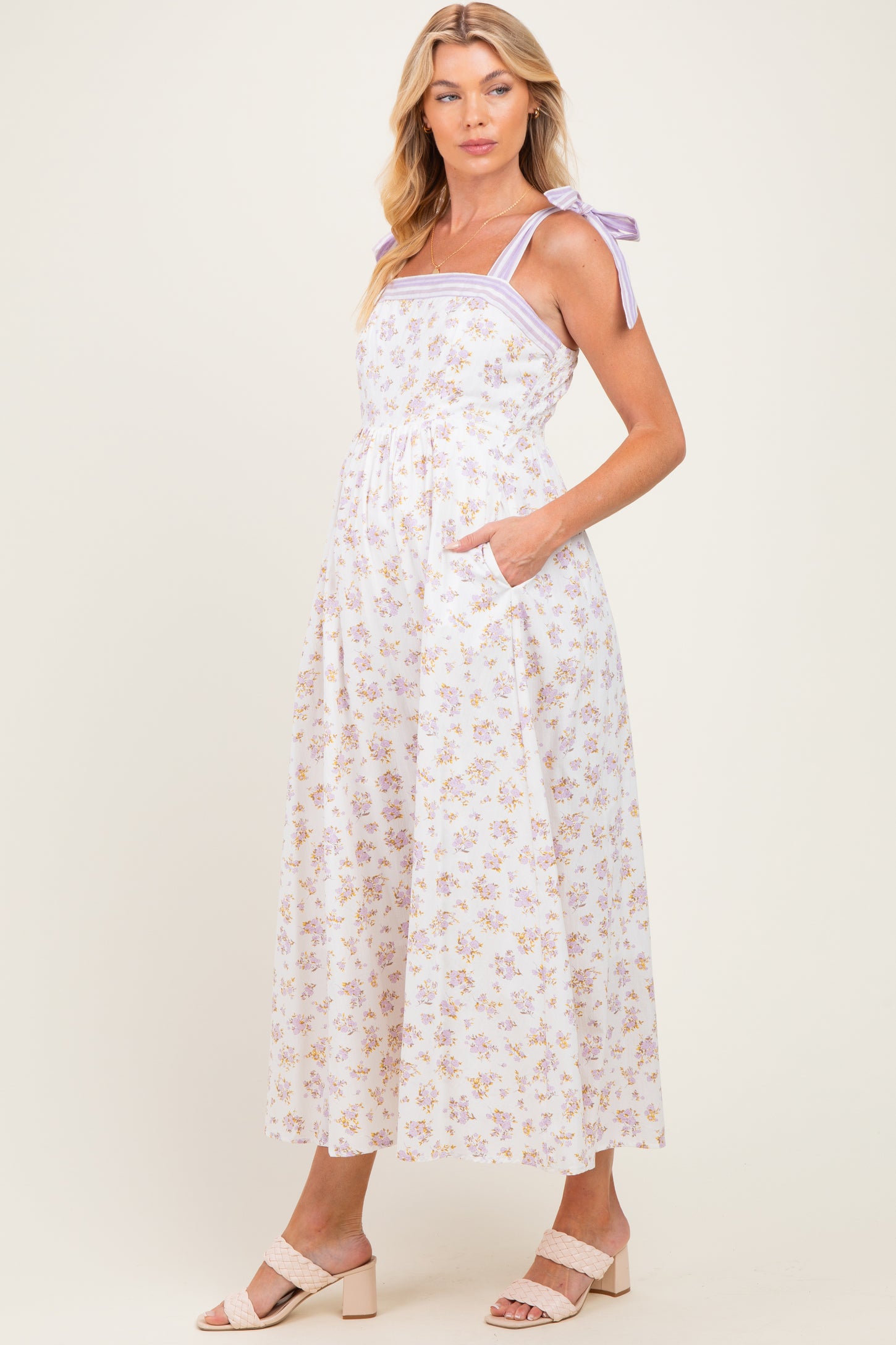 Lavender Floral Striped Shoulder Tie Maternity Maxi Dress