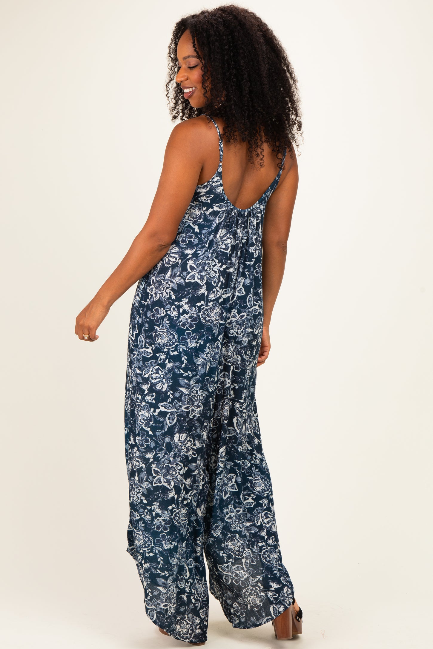 Navy Floral Beaded Wide Leg Jumpsuit