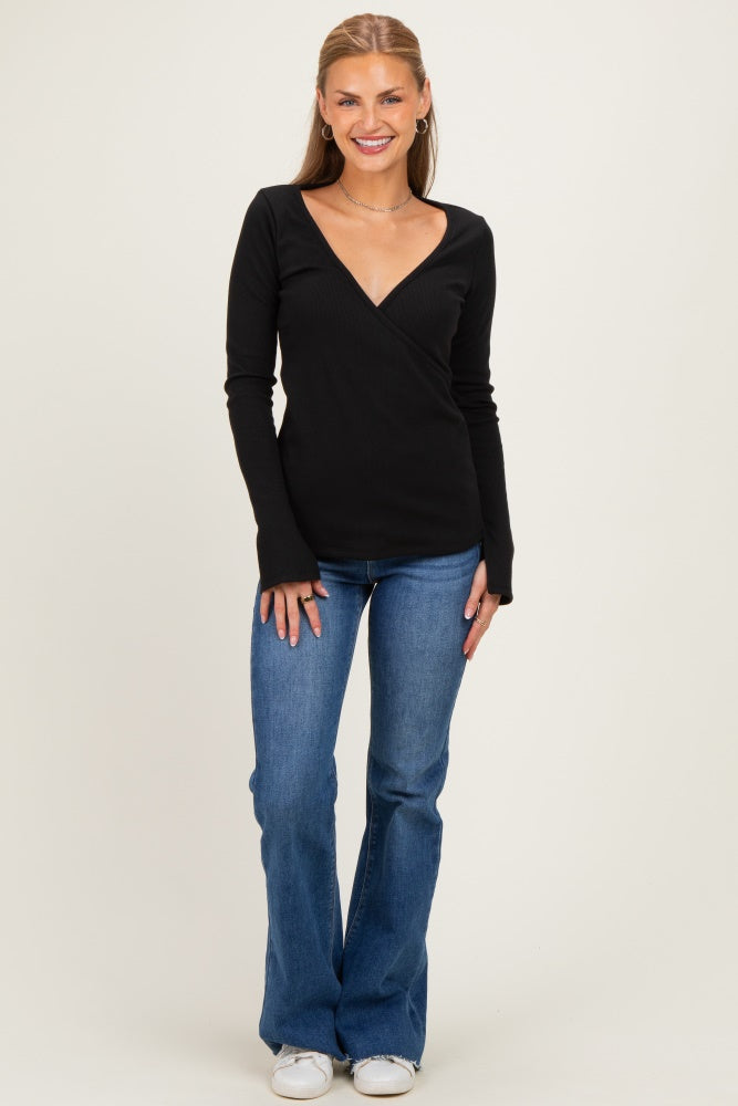 Black Fitted Long Sleeve Wrap/ Nursing Top