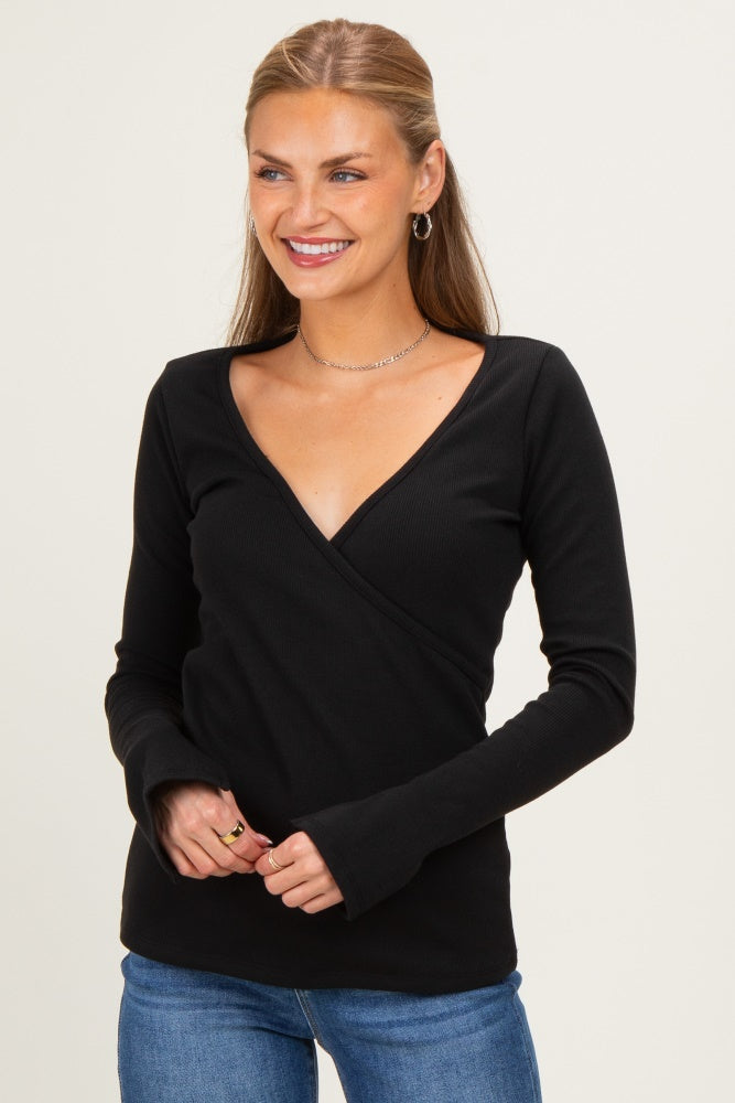 Black Fitted Long Sleeve Wrap/ Nursing Top